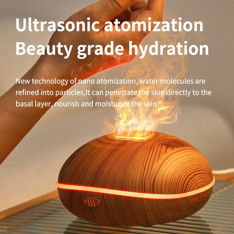 Flame Aroma Diffuser 200ml Wood Grain | Essential Oil Humidifier with Remote & 7-Color LED Light GRAIN